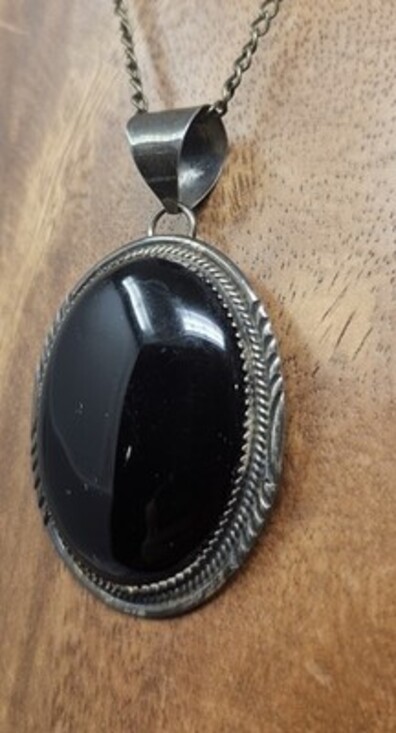 HL Herman Lee Navajo Vintage Sterling Silver Pendant Black Onyx Cabochon Large - Picture 3 of 9